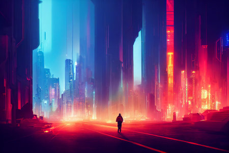 Futuristic cyberpunk smart city with loneliness and colorful lights background. Generative AIの素材