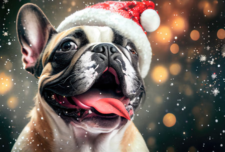 Happy French bulldog dog in Santa Claus costume and shiny bokeh background. Animal and Holiday concept. Generative AIの素材