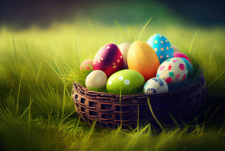 Painted Easter eggs in the basket at meadow grass field background. Holiday and festival concept. Generative AIの素材