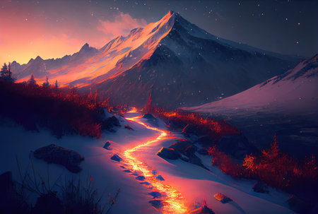 The glowing way to the blue mountain top fantasy illustration background. Business and Success concept. Generative AIの素材