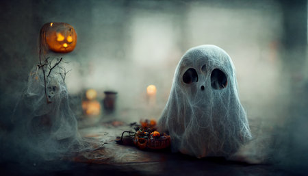 Spooky ghost face with pumpkin lantern in Halloween party background. Generative AIの素材