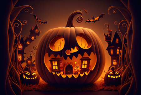 Cute Jack O Lantern pumpkins in the Halloween party at spooky black forest background. Horror and mystery concept. Generative AIの素材