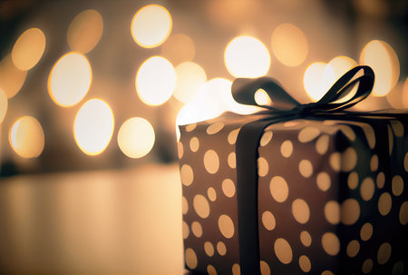 Celebrate gift box on the table with defocused bokeh light background. New year event and Christmas celebration concept. Generative AIの素材
