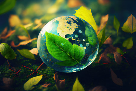 Water drop in earth shape with green leaves in the jungle. World Environment Day and World Water Day concept. Environmental protection theme. Generative AIの素材