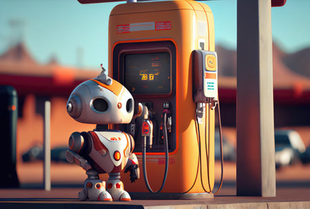 Cute gas station attendant service robot waiting customer for filling the car fuel. Innovative technology and Occupation concept. Generative AIの素材