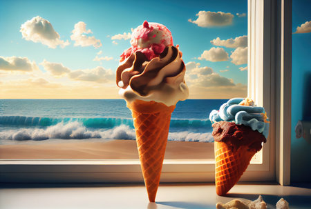 Ice cream cone with sweet toppings on beach sea and blue sky in summer background. Summer food and fun concept. Digital art illustration theme. Generative AIの素材