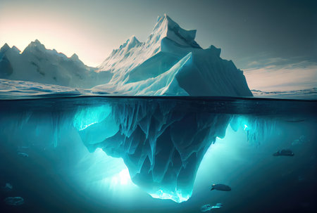 Big iceberg over the blue sea surface background. Landscape and business metaphor concept. Digital art illustration theme. Generative AIの素材