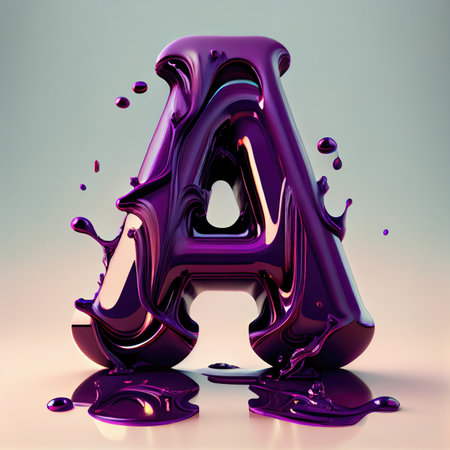 Letter A with purple liquid on the alphabet on minimal background. Nature and Typography concept. Generative AIの素材