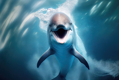 Happy dolphin swimming in the aquarium or sea background. Marine life and animal concept. Digital art illustration. Generative AIの素材