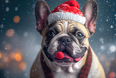 Happy French bulldog dog in Santa Claus costume and shiny bokeh background. Animal and Holiday concept. Generative AIの素材