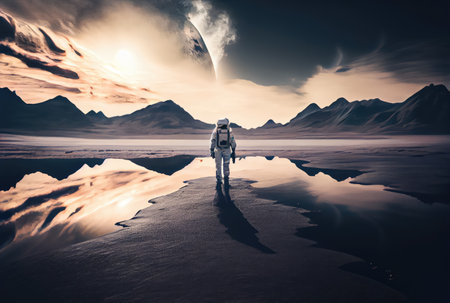 Back view of astronaut with moon in the outer space background. People and Science technology concept. Digital art illustration theme. Generative AIの素材