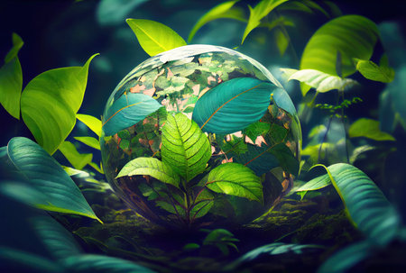 Water drop in earth shape with green leaves in the jungle. World Environment Day and World Water Day concept. Environmental protection theme. Generative AIの素材