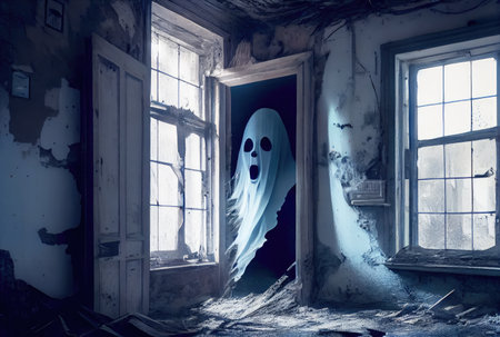 Spooky fabric ghost in the abandoned haunted house background. Halloween and horror concept. Generative AIの素材