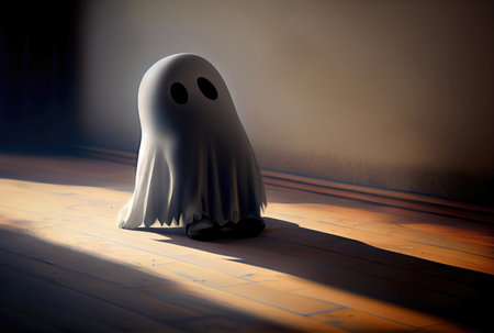 Cute ghost in the haunted house background. Halloween and spooky concept. Generative AIの素材