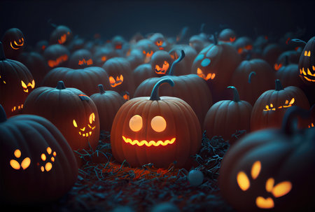 A cute pumpkin among other scary and unknown pumpkins in dark Halloween party. Mystery and spooky concept. Generative AIの素材