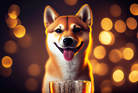 Happy Shiba Inu dog with toasted wine glass in party and golden bokeh light background. Animal and pet concept. Digital art illustration. Generative AIの素材