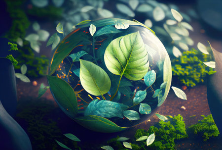 Water drop in earth shape with green leaves in the jungle. World Environment Day and World Water Day concept. Environmental protection theme. Generative AIの素材