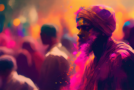 Hindu people with colorful starch powder in Holi festival or festival of colors. Generative AIの素材