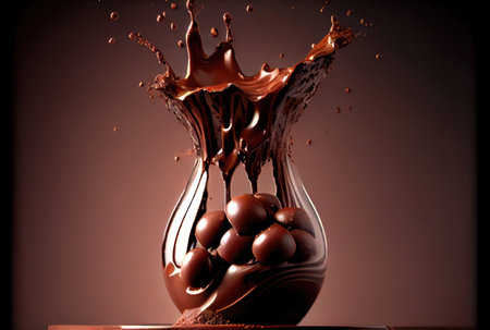 Dark chocolate ball falling on the chocolate dip and splashing on dark background. Food and dessert concept. Generative AIの素材