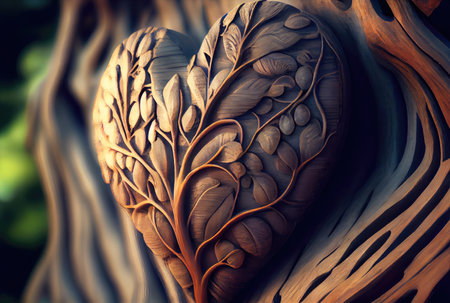 Heart shape carved on the tree background. Beauty in nature and Handmade concept. Digital art illustration. Generative AIの素材