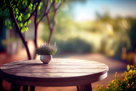 Empty table with blurry green natural park garden or backyard background. Nature and outdoor concept. Generative AIの素材