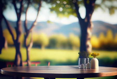 Empty table with blurry green natural park garden or backyard background. Nature and outdoor concept. Generative AIの素材