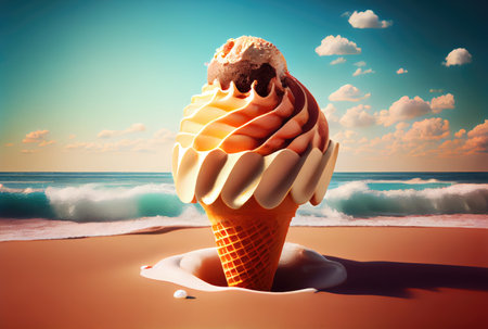 Ice cream cone with sweet toppings on beach sea and blue sky in summer background. Summer food and fun concept. Digital art illustration theme. Generative AIの素材
