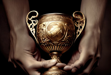 Hands holding golden trophy cup on dark background. Business and sport successful concept. Generative AIの素材