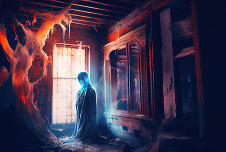 Spooky fabric ghost in the abandoned haunted house background. Halloween and horror concept. Generative AIの素材