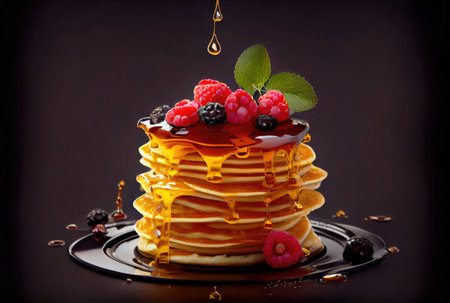 Mixed berries topping pancakes in dish on the dinning table. Sweet dessert and recipe concept. Generative AIの素材