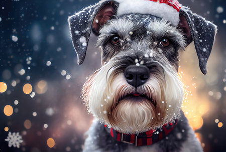 Happy Schnauzer dog in Santa Claus costume and shiny bokeh background. Animal and Holiday concept. Generative AIの素材