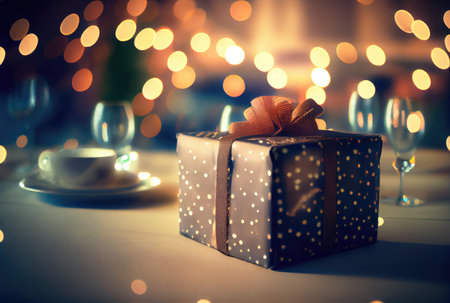 Celebrate gift box on the table with defocused bokeh light background. New year event and Christmas celebration concept. Generative AIの素材