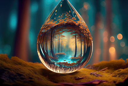 Water drop reflected with the orange autumn forest and the lake or waterfall background. World water day and Earth day concept. Generative AIの素材