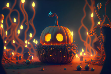 Cute Jack O Lantern pumpkins in the Halloween party at spooky black forest background. Horror and mystery concept. Generative AIの素材