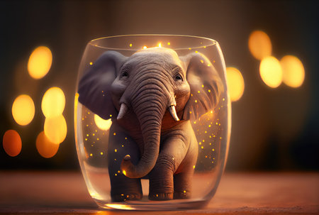 Happy baby elephant holding toasted wine glass in party and golden bokeh light background. Animal and wildlife concept. Digital art illustration. Generative AIの素材