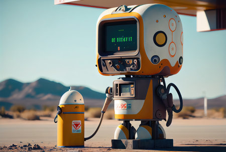 Cute gas station attendant service robot waiting customer for filling the car fuel. Innovative technology and Occupation concept. Generative AIの素材