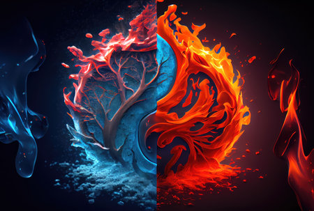 Half fire and half plant and ivy in nature background. Metaphor and conflict concept. Generative AIの素材