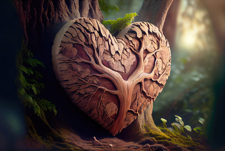 Heart shape carved on the tree background. Beauty in nature and Handmade concept. Digital art illustration. Generative AIの素材