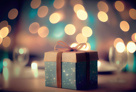 Celebrate gift box on the table with defocused bokeh light background. New year event and Christmas celebration concept. Generative AIの素材