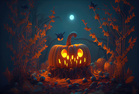 Cute Jack O Lantern pumpkins in the Halloween party at spooky black forest background. Horror and mystery concept. Generative AIの素材
