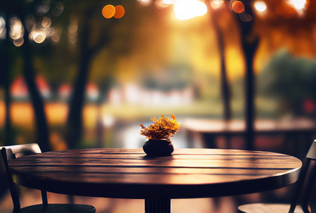 Empty table with blurry orange and yellow autumn natural park garden or backyard background. Nature and outdoor concept. Generative AIの素材