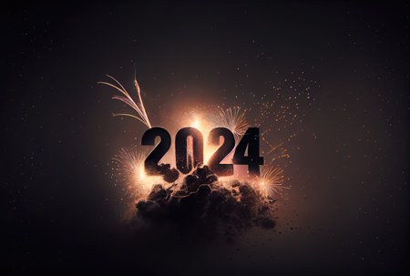 2024 New Year celebration with colorful fireworks on dark background. Happy New Year the year of Dragon and Greeting card concept. Generative AIの素材
