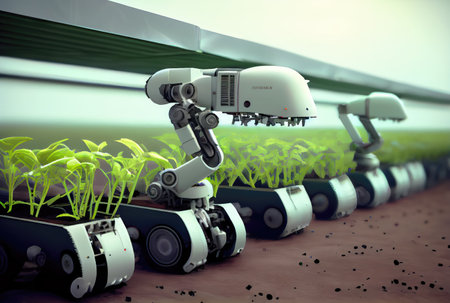 Robot farming harvesting agricultural products in greenhouse. Innovative futuristics technology and 5G smart farming concept. Generative AIの素材