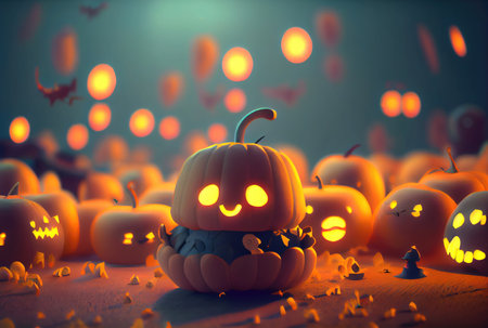 A cute pumpkin among other scary and unknown pumpkins in dark Halloween party. Mystery and spooky concept. Generative AIの素材