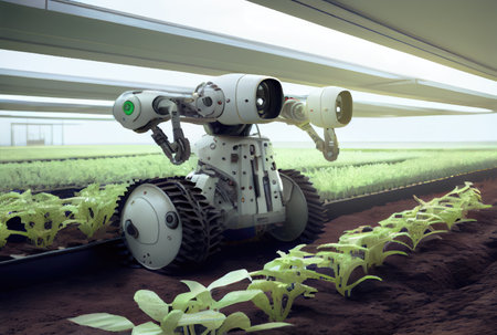 Robot farming harvesting agricultural products in greenhouse. Innovative futuristics technology and 5G smart farming concept. Generative AIの素材