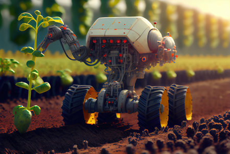 Robot farming harvesting agricultural products in crop field. Innovative futuristics technology and 5G smart farming concept. Generative AIの素材
