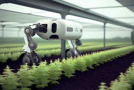 Robot farming harvesting agricultural products in greenhouse. Innovative futuristics technology and 5G smart farming concept. Generative AIの素材