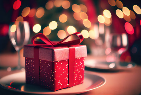 Celebrate gift box on the table with defocused bokeh light background. New year event and Christmas celebration concept. Generative AIの素材