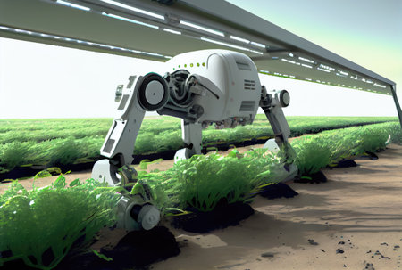 Robot farming harvesting agricultural products in greenhouse. Innovative futuristics technology and 5G smart farming concept. Generative AIの素材