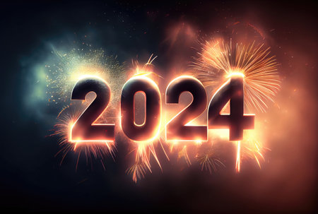 2024 New Year celebration with colorful fireworks on dark background. Happy New Year the year of Dragon and Greeting card concept. Generative AIの素材